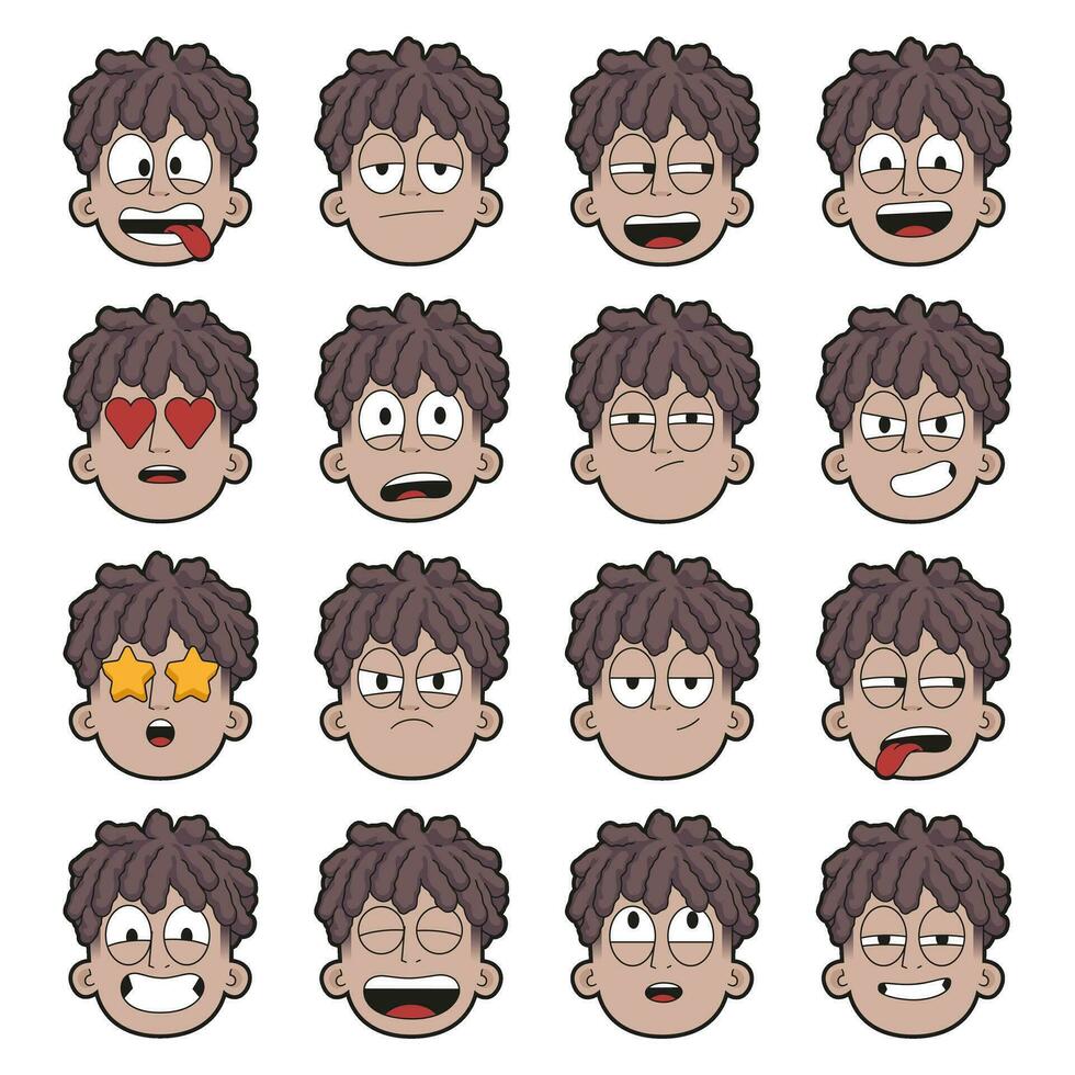 Vector illustration of a funny cartoon boy emotions faces set.