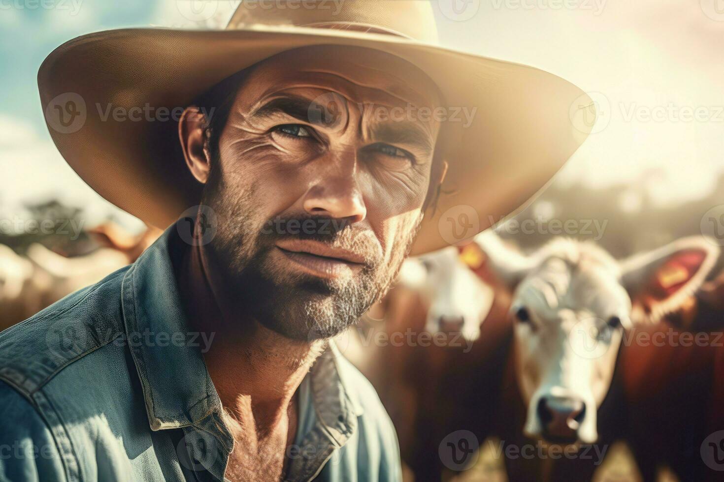 Australian man cattle portrait. Generate Ai photo