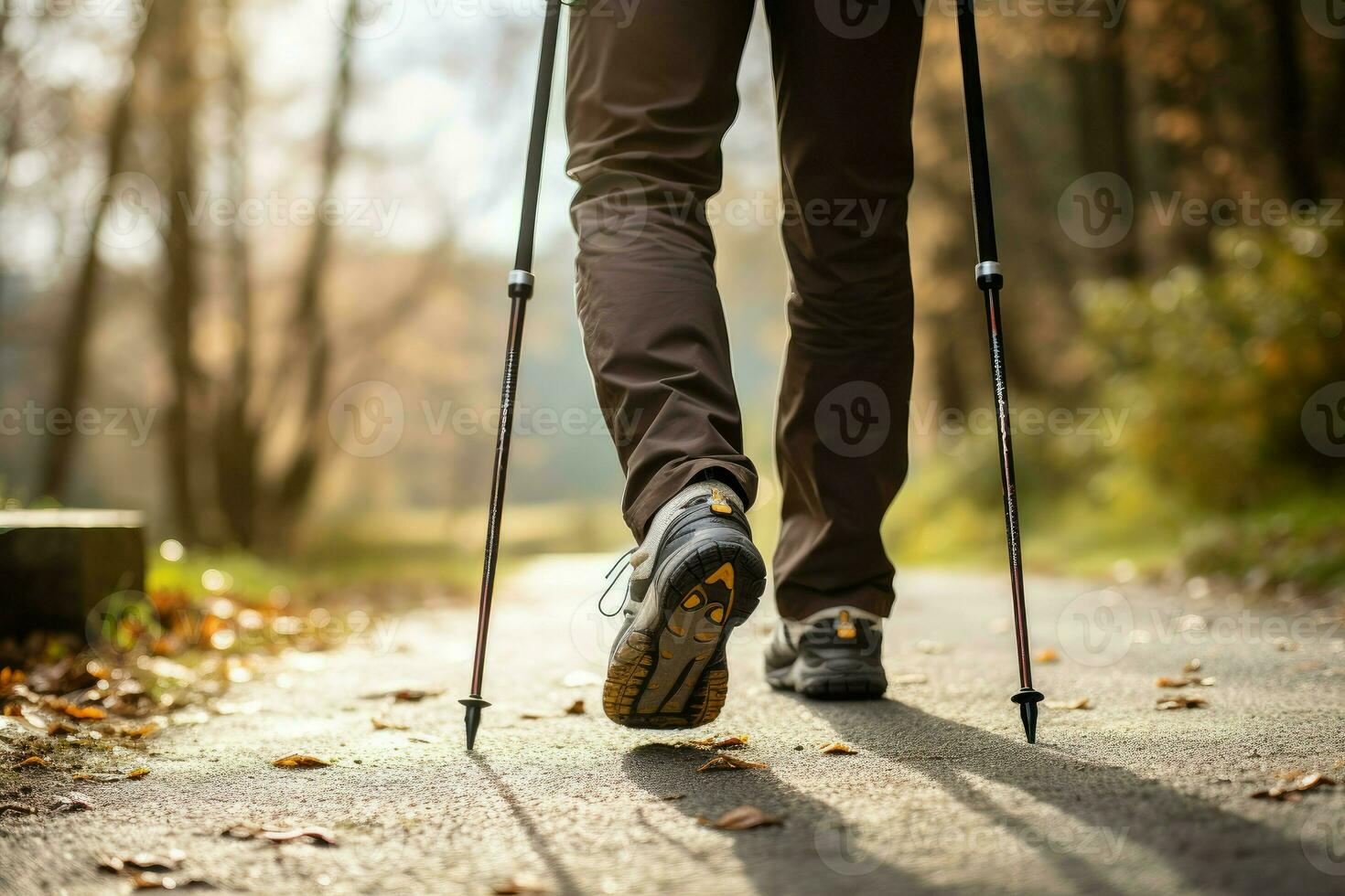 Man practicing nordic walking with poles outdoor park nature. Generate Ai photo