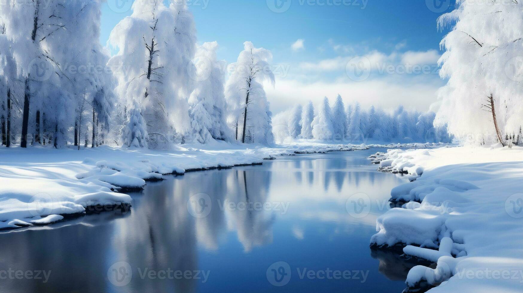 AI generative. Beautiful winter landscape with snow covered trees photo