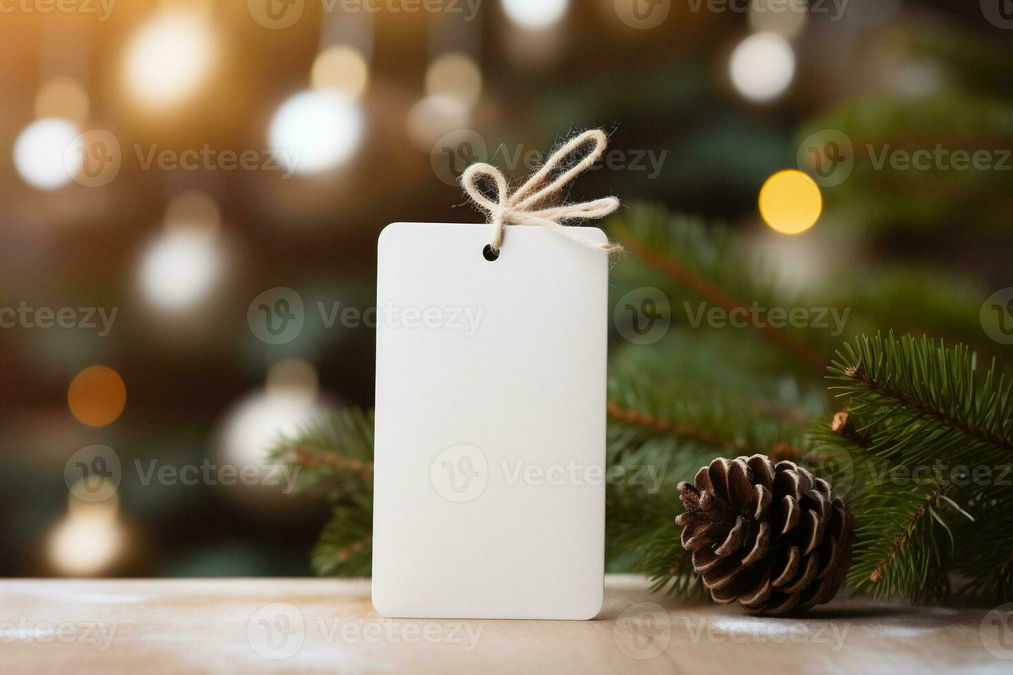 AI generative. Blank price tag on Christmas tree background with bokeh lights photo