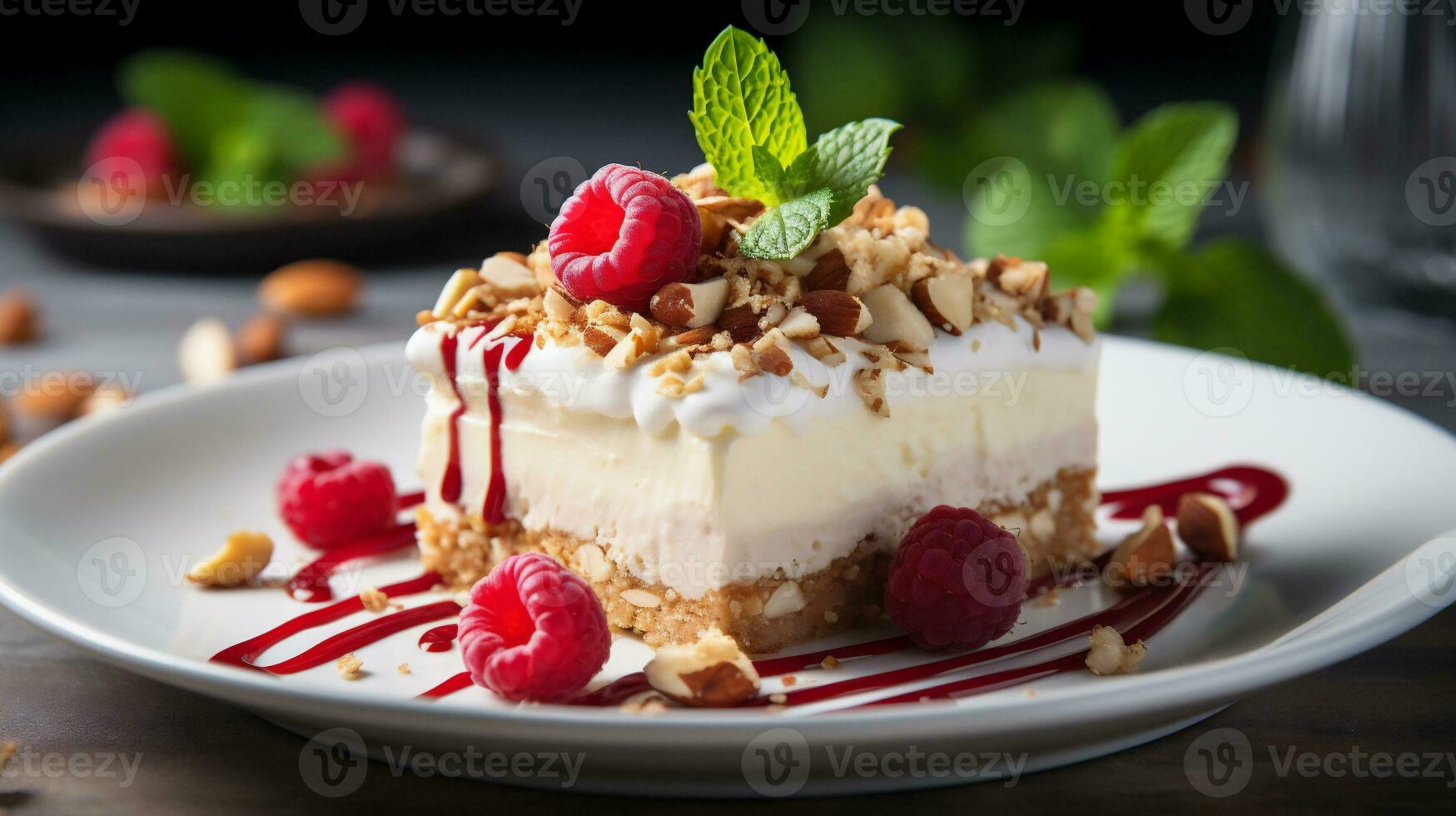AI generative. Delicious cheesecake with raspberries and nuts on a plate photo