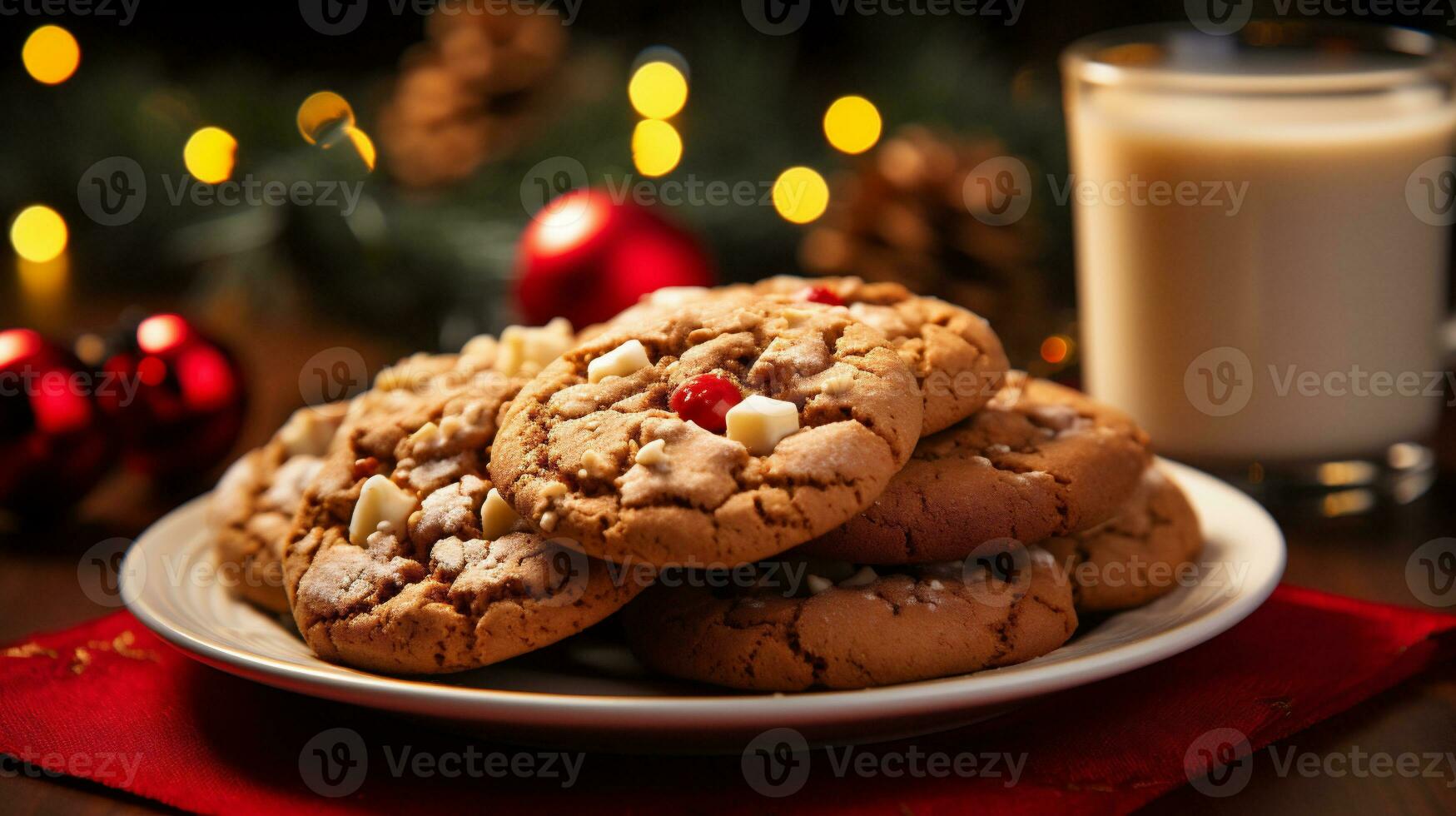 ai generativo. chocolate chip galletas en un plato con un vaso de Leche y Navidad decoración foto