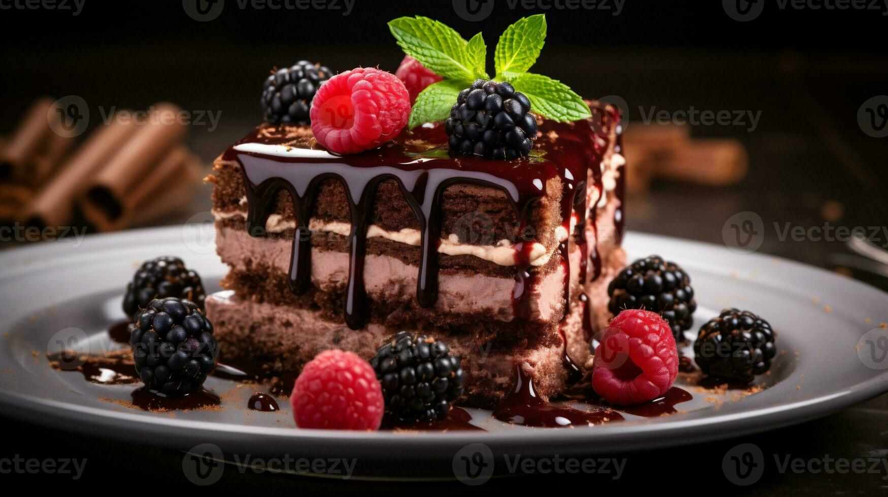 AI generative. Delicious cheesecake with raspberries and nuts on a plate photo