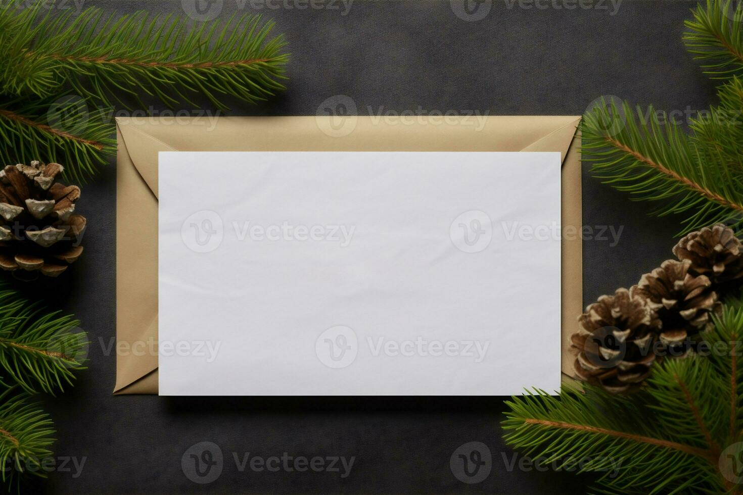 ai generativo. Navidad saludo tarjeta con sobre y abeto árbol ramas en oscuro antecedentes foto