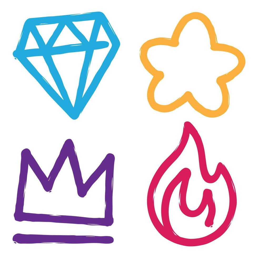 vector mano dibujado social medios de comunicación íconos colocar. diamante, estrella, corona, fuego.