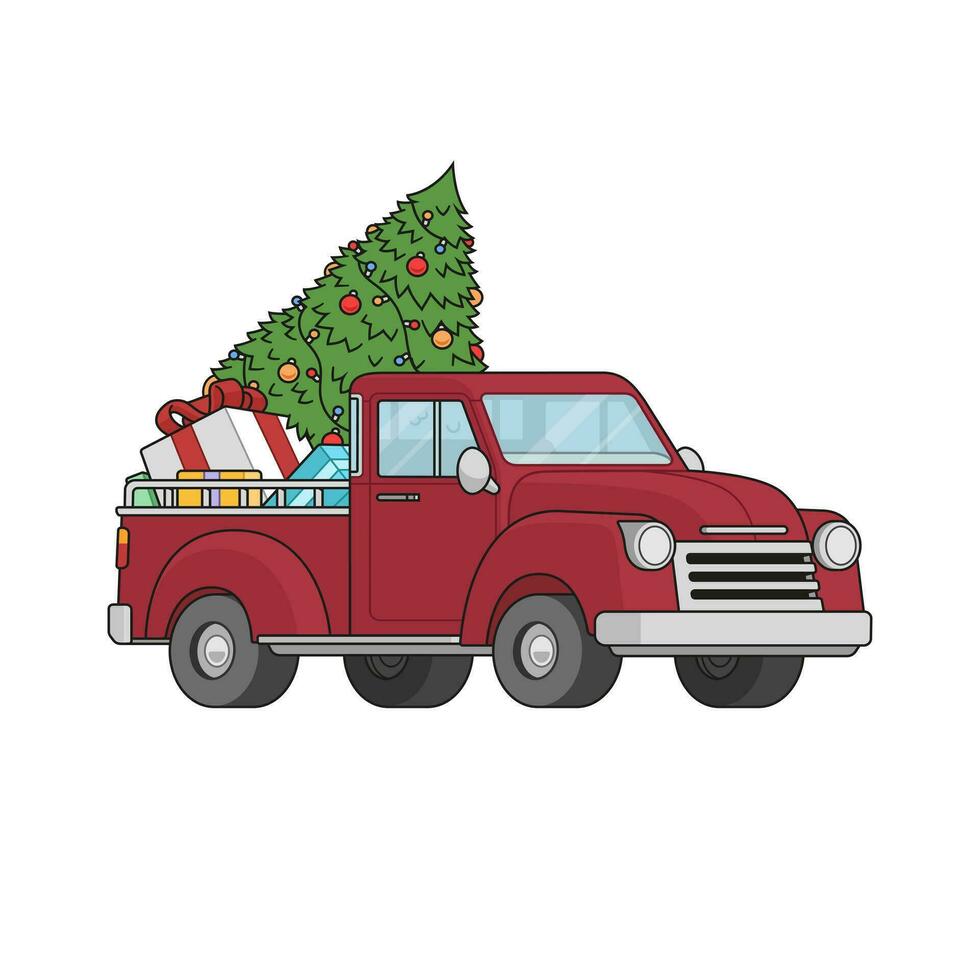 Vector illustration of a pickup truck with christmas tree. Vehicle trasportation isolated.
