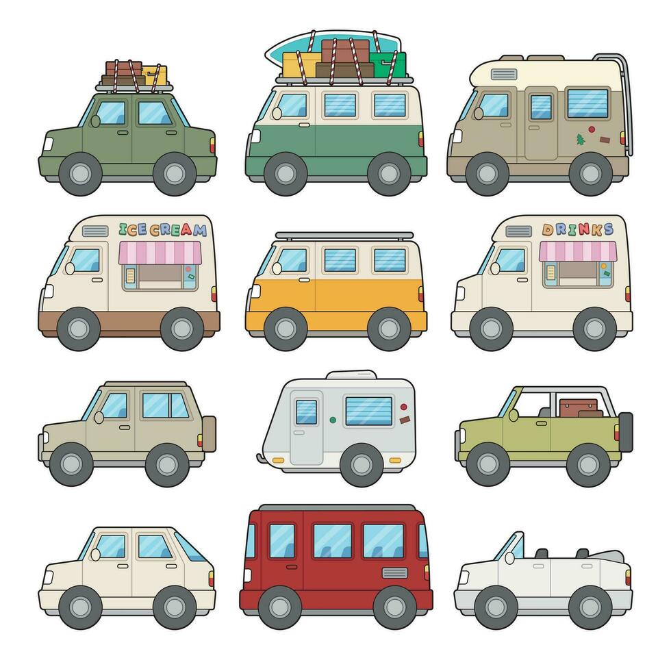 Road trip cars illustration set. vector