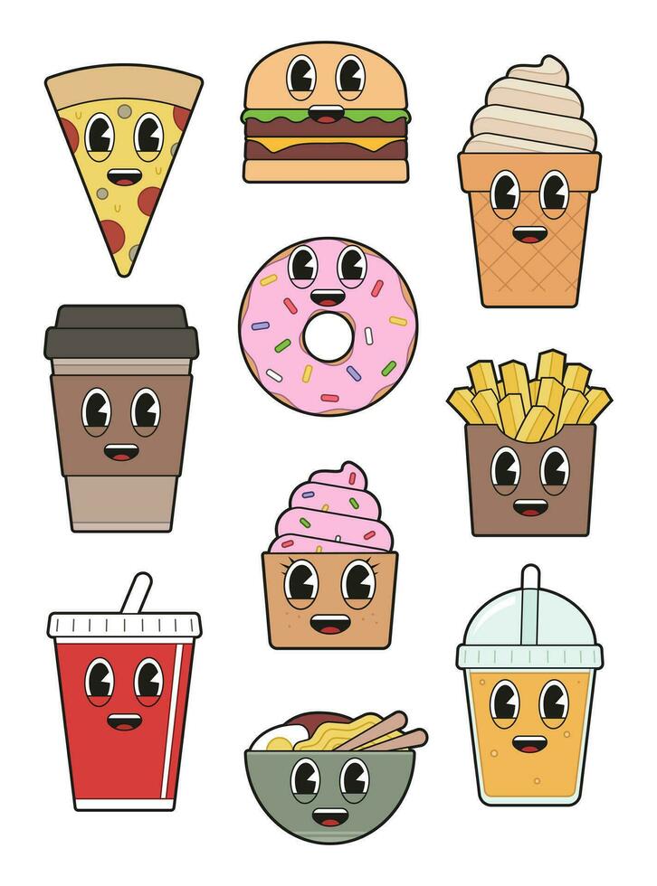 Vector illustration of a kawaii cartoon fast food characters set.