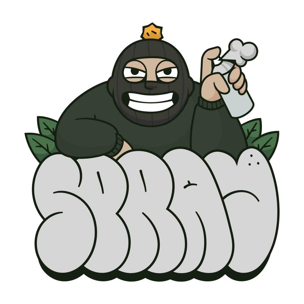 Vector illustration of a cartoon character in a black mask with a spray can in the hand.