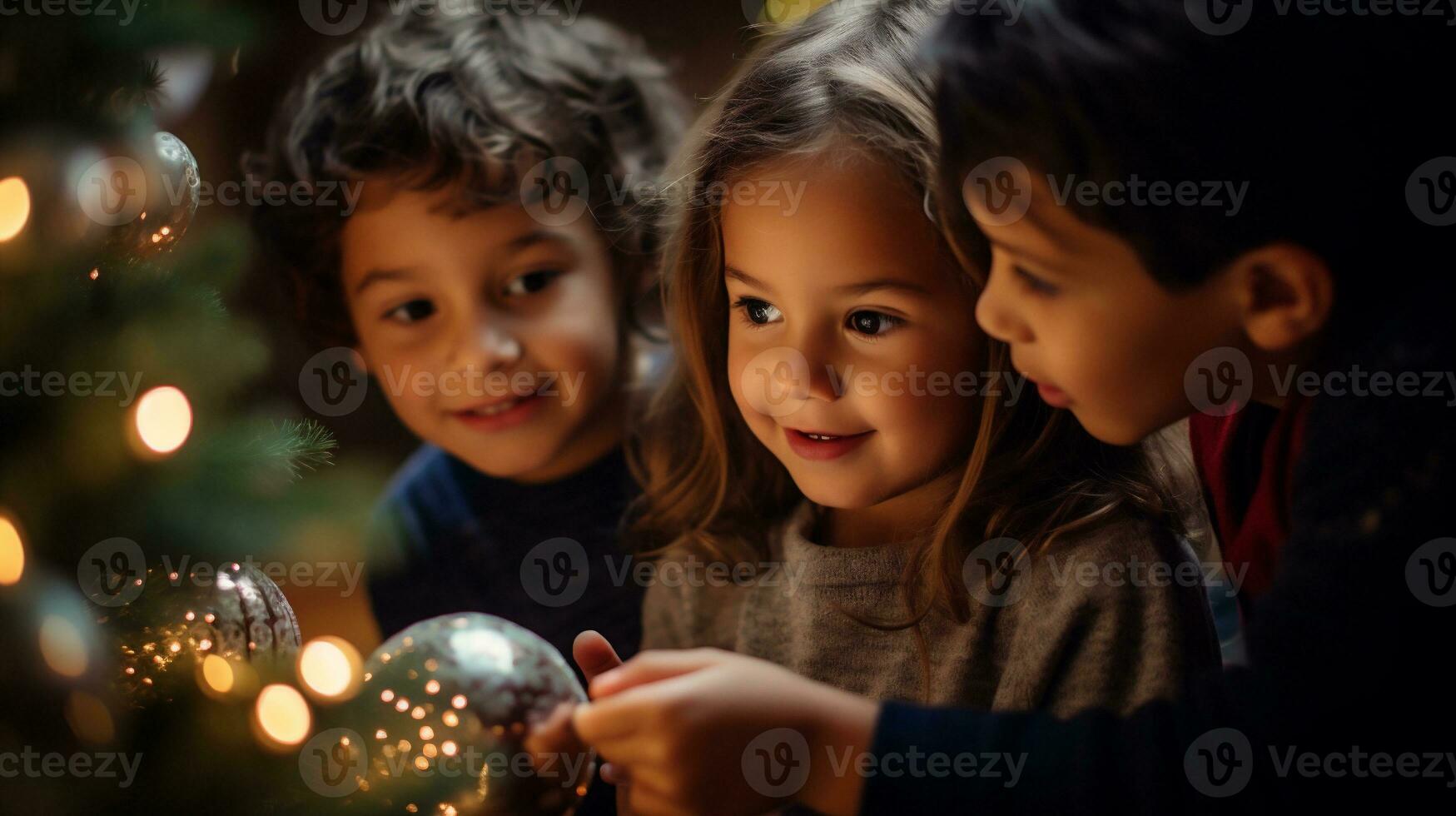 ai generativo. grupo de contento niños decorando Navidad árbol con vistoso pelotas a hogar foto