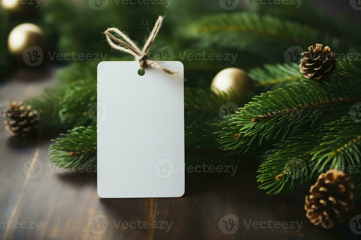 AI generative. Blank price tag on Christmas tree background with bokeh lights photo