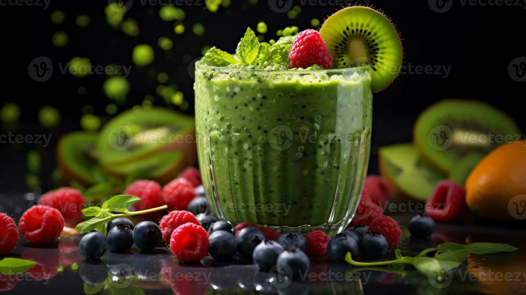 AI generative. Green smoothie with kiwi, raspberries and blueberries on black background photo