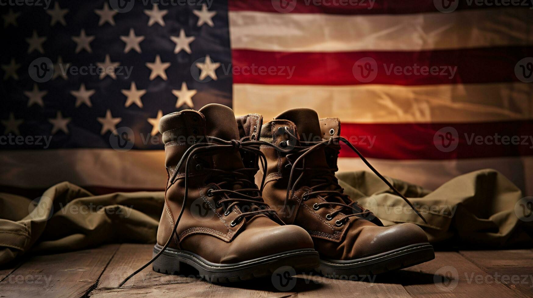 AI generative. Pair of leather boots on a wooden table against the background of the American flag photo