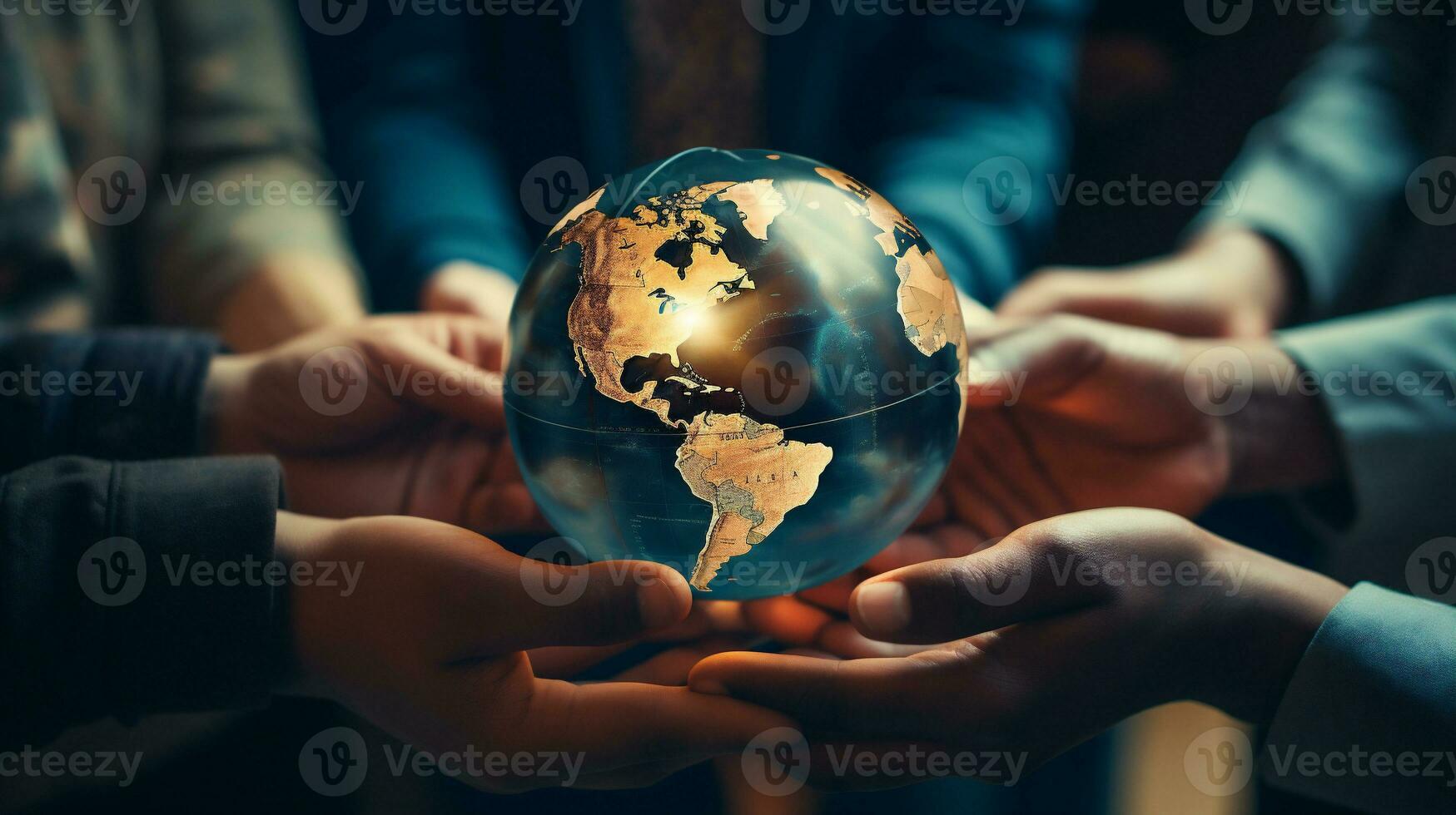 AI generative. Close up of human hands holding Earth globe. Global business concept. photo