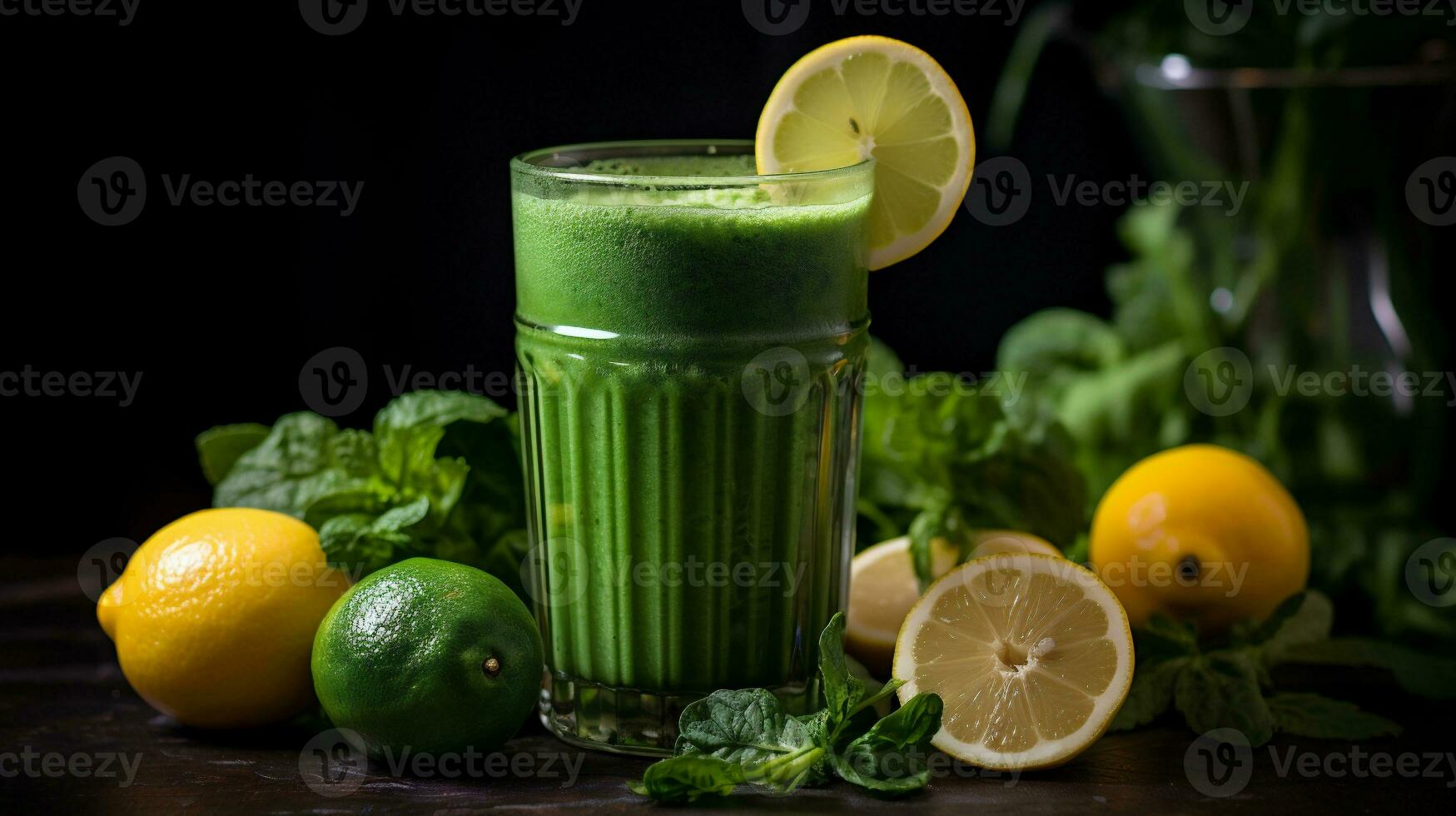 AI generative. Healthy green smoothie with kale, kiwi, apple and broccoli on wooden background photo