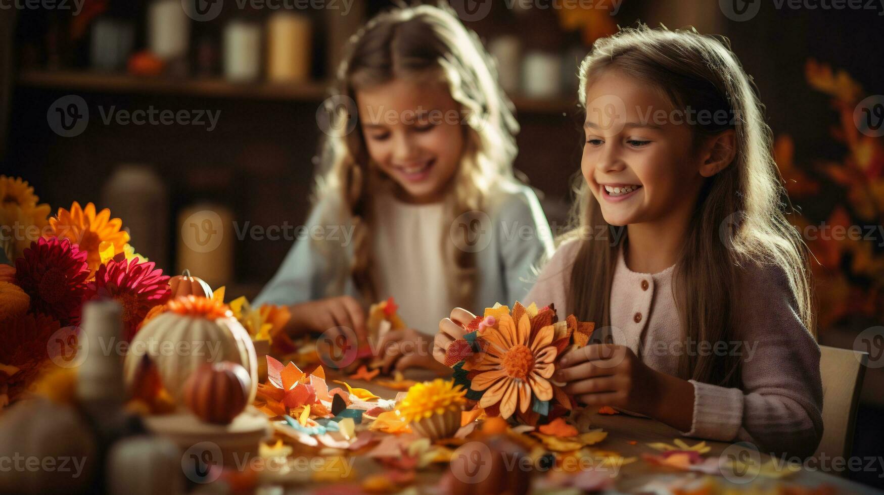AI Generative. Cute little girls are sitting at the table with autumn decoration and smiling photo
