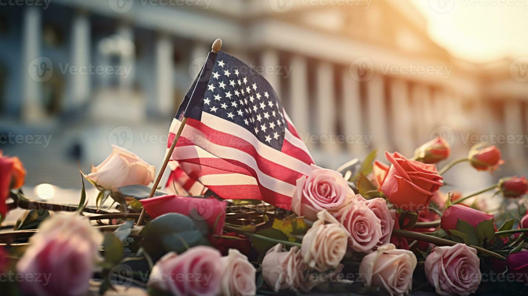 AI generative. American flag and roses on a grave at sunset. Memorial Day concept. photo