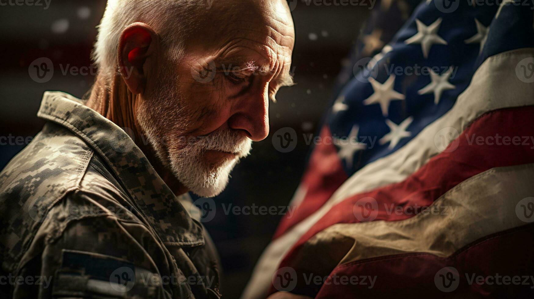 AI generative. Portrait of senior soldier with american flag in the background. photo