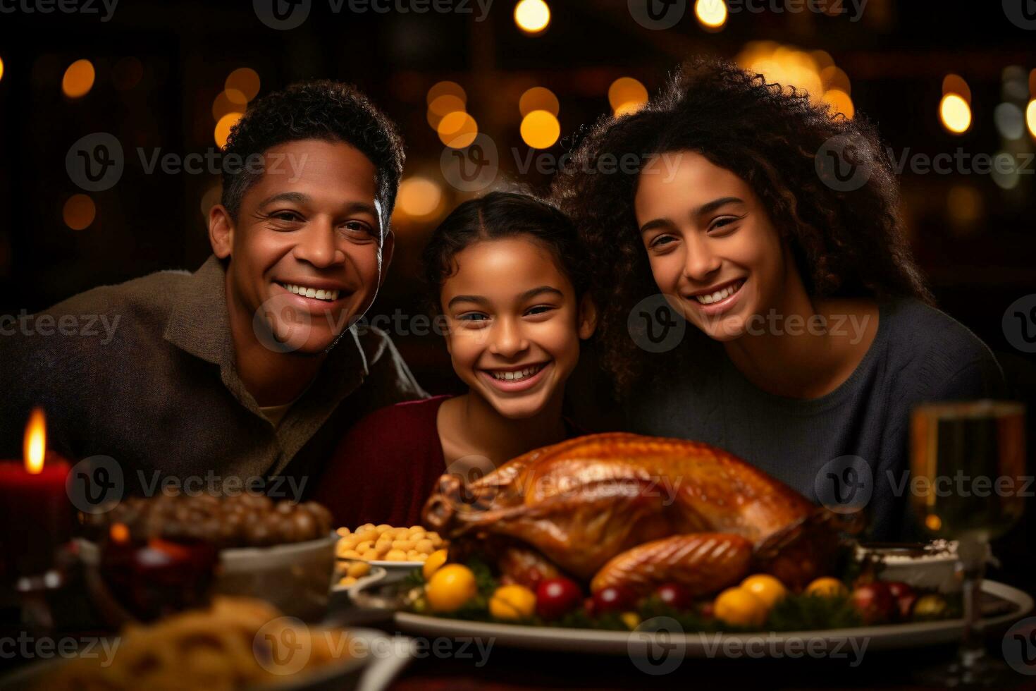 AI Generative. happy family with roasted turkey on thanksgiving table photo