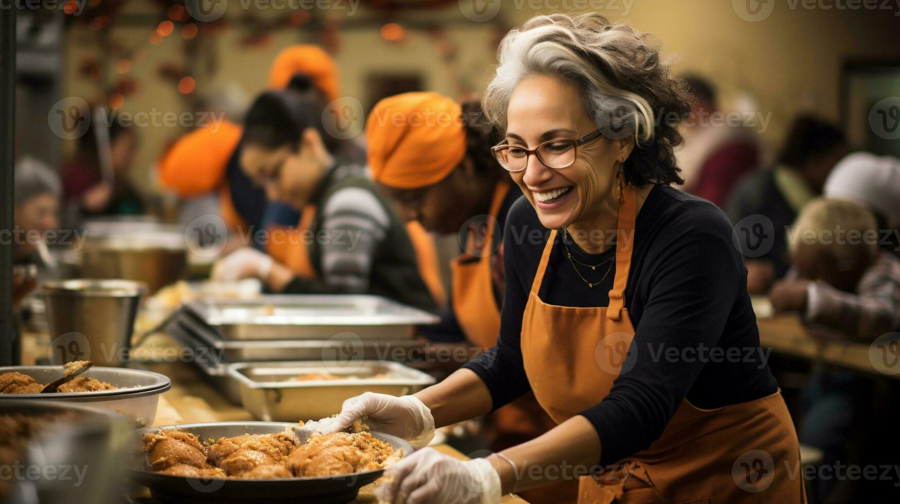 ai generativo. sonriente hembra cocinero participación plato de horneado pollo en un restaurante foto