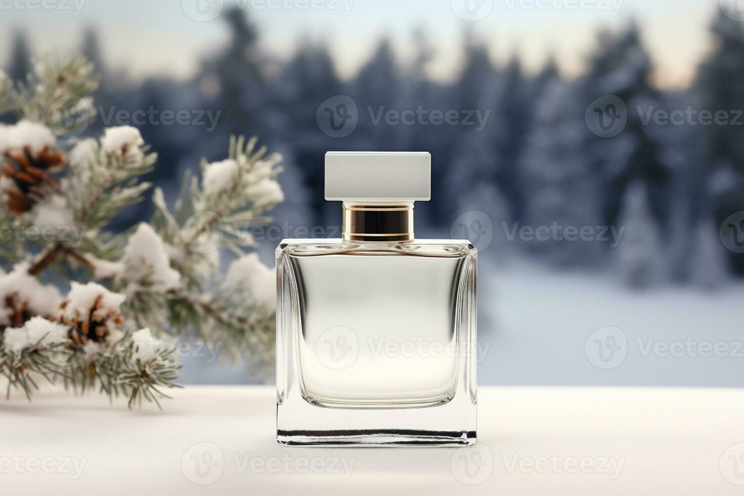 AI generative. Perfume bottle with pine cones on the background of winter forest photo