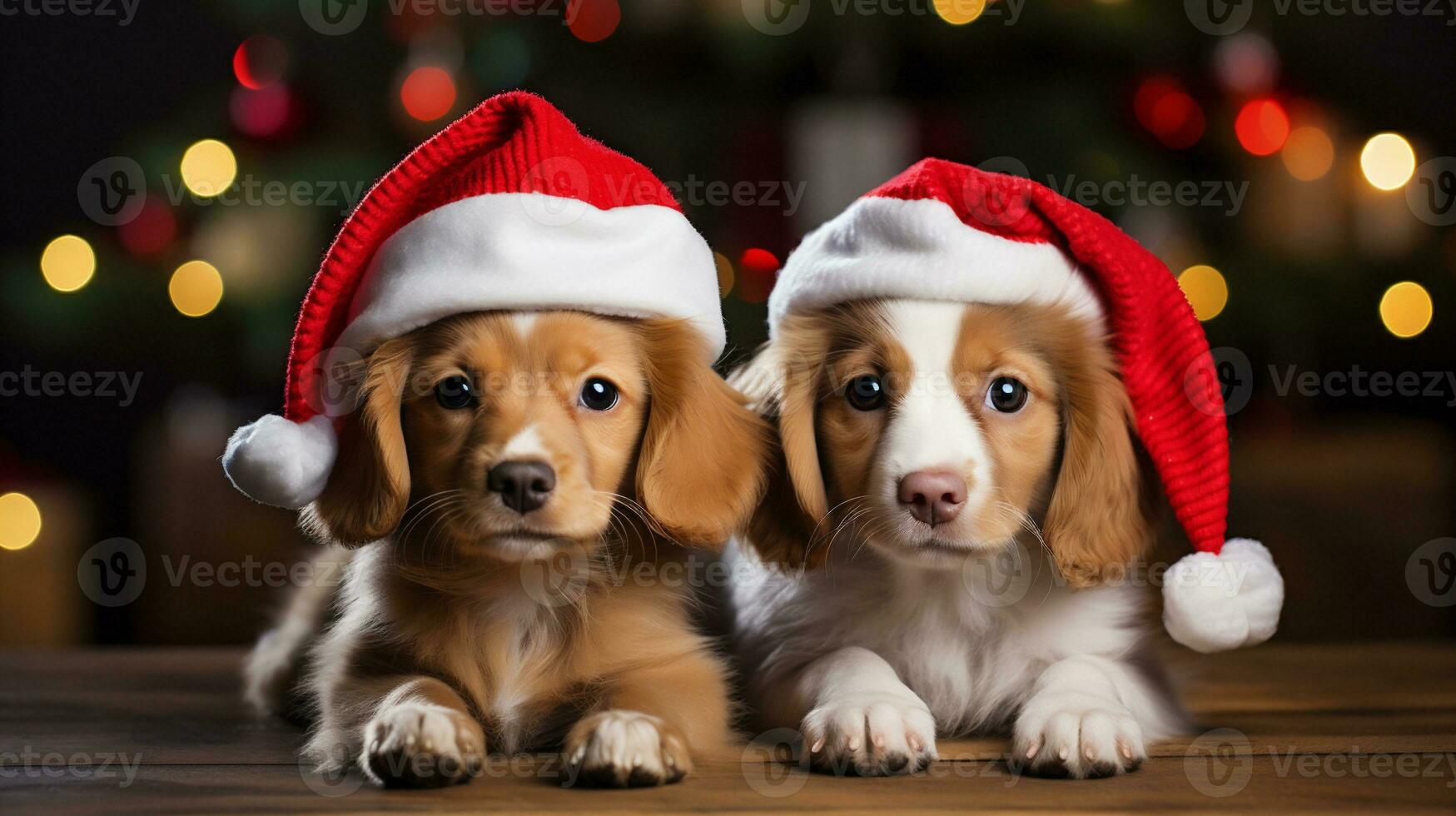 AI generative. Two puppies in Santa Claus hats on a background of a Christmas tree photo