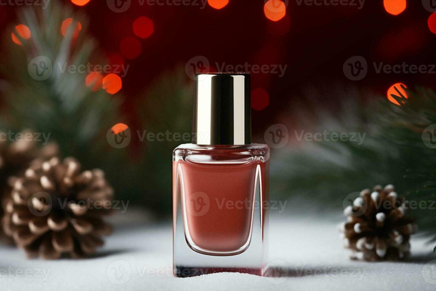 AI generative. Nail polish bottle with christmas decoration on bokeh background photo