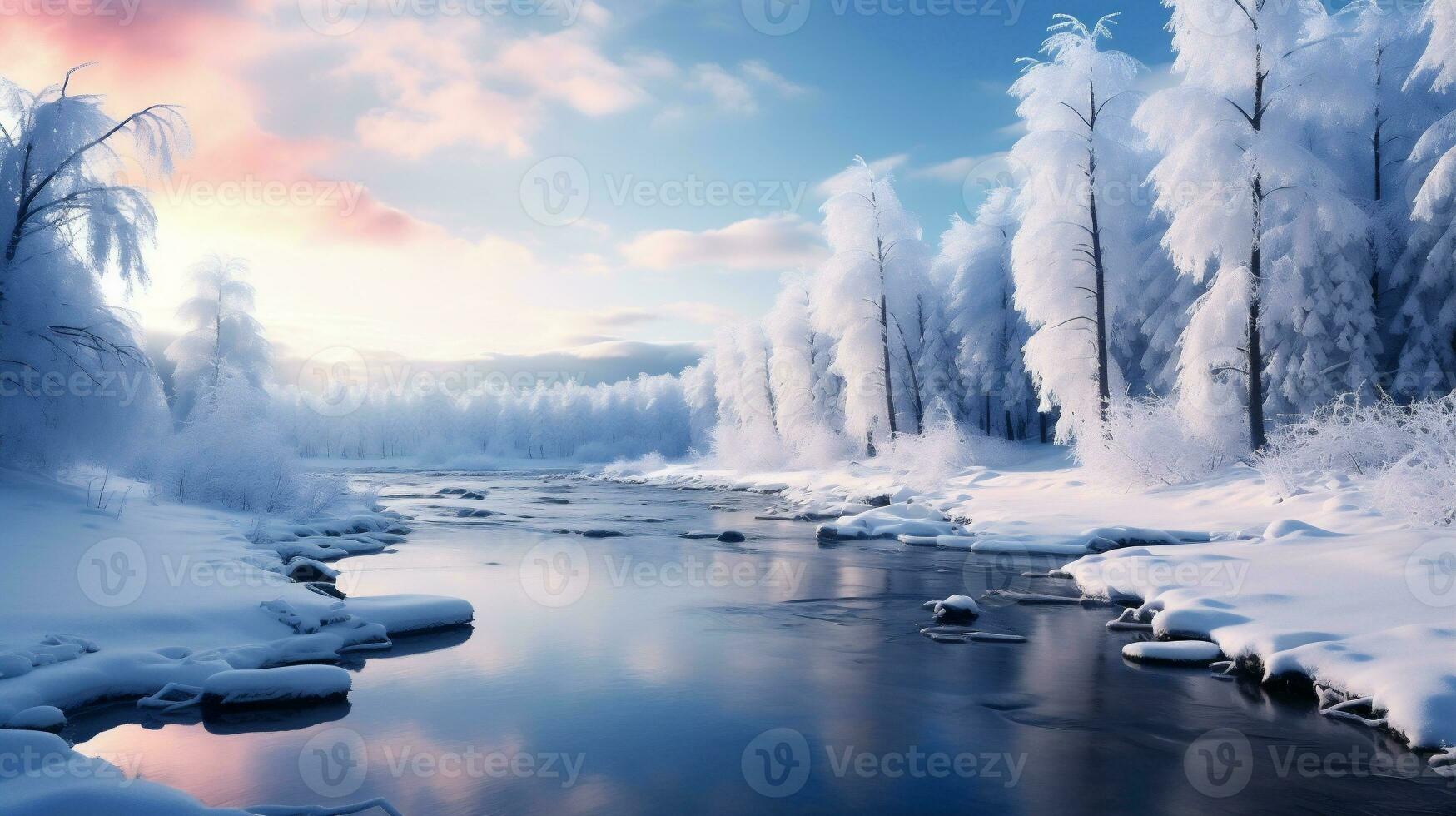 AI generative. Beautiful winter landscape with snow covered trees photo