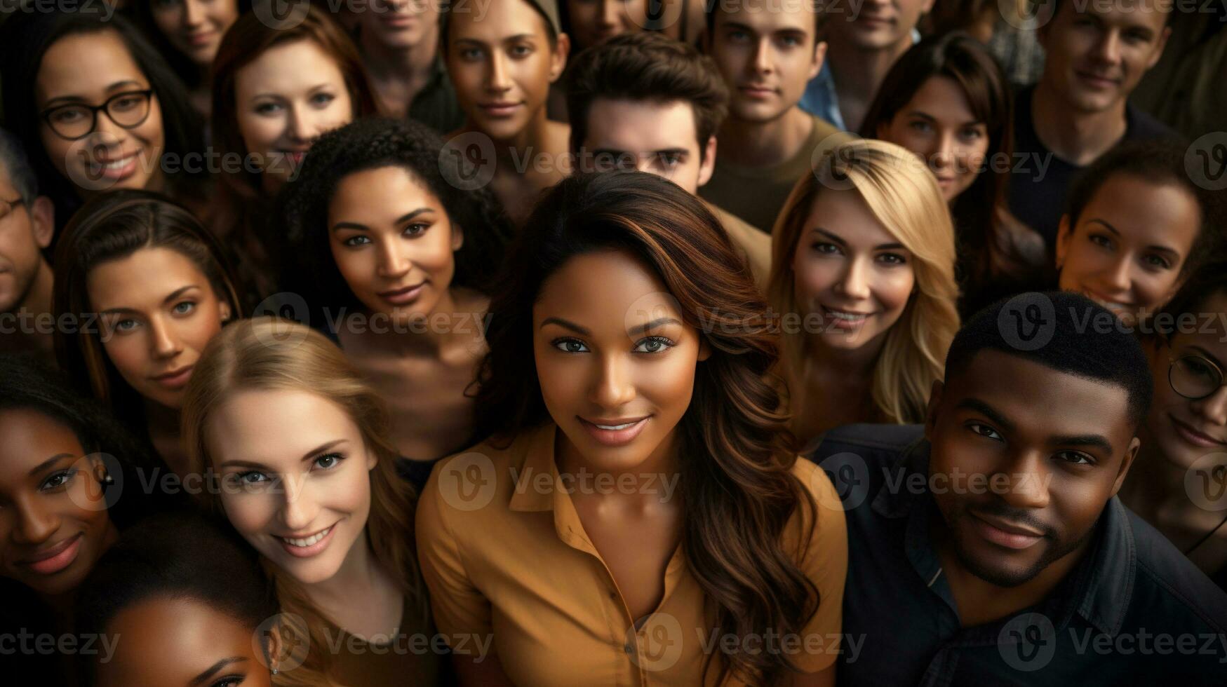 AI generative. Group of diverse people in a row looking at the camera and smiling photo