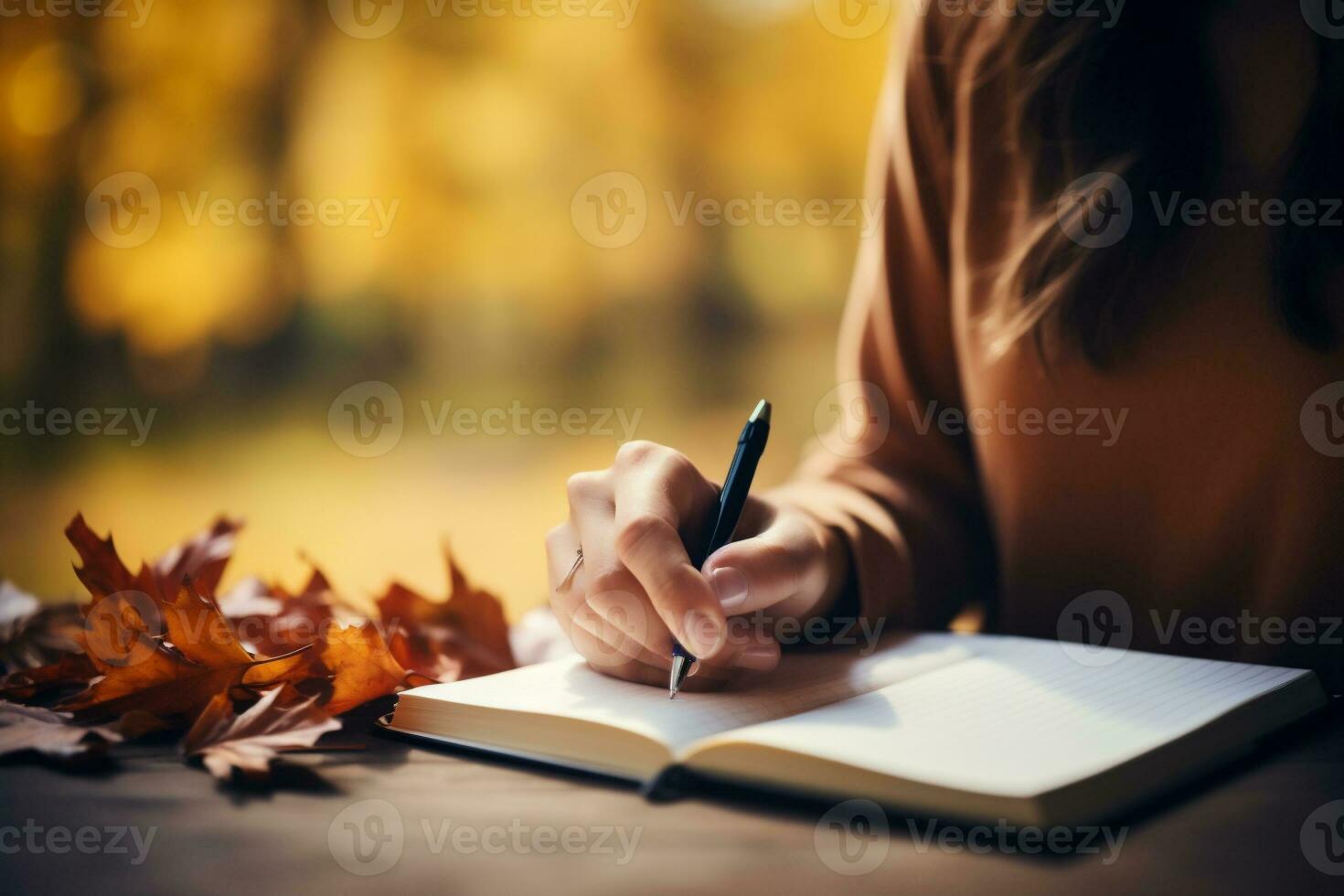 AI Generative. Young woman writing in a notebook in the autumn park. Autumn concept. photo