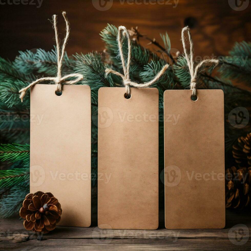 AI generative. Blank paper price tag with christmas decoration on rustic wooden background photo