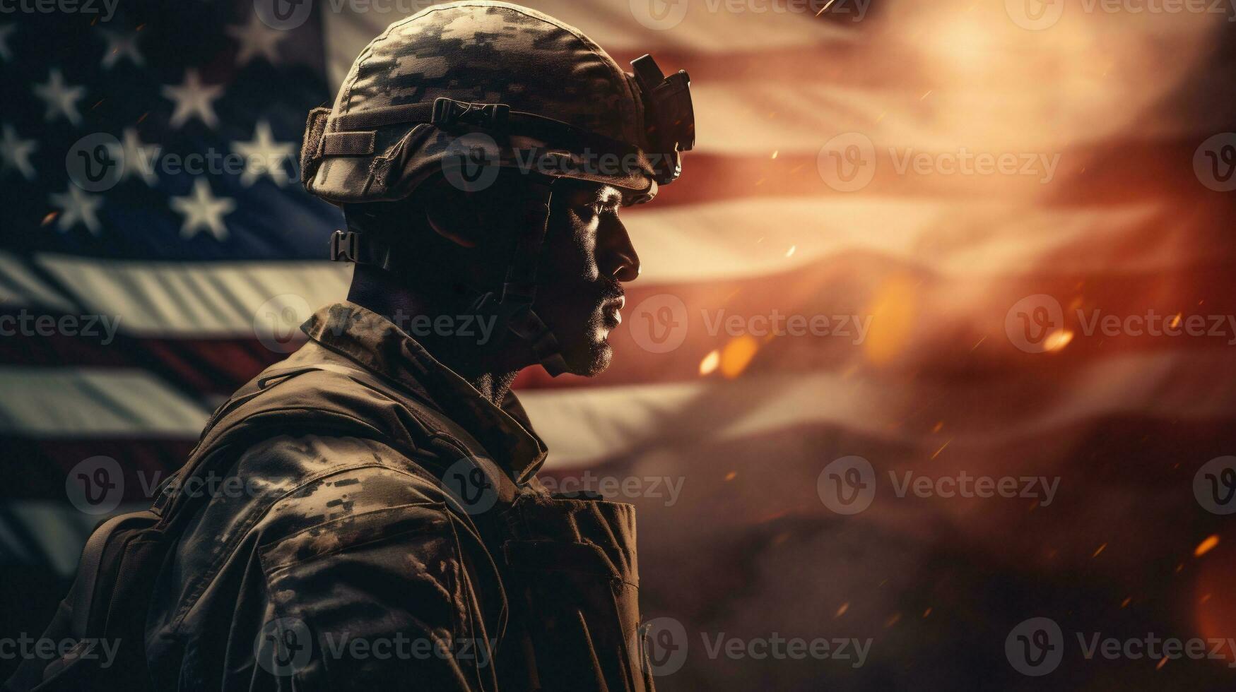 AI generative. Portrait of soldier against of american flag photo