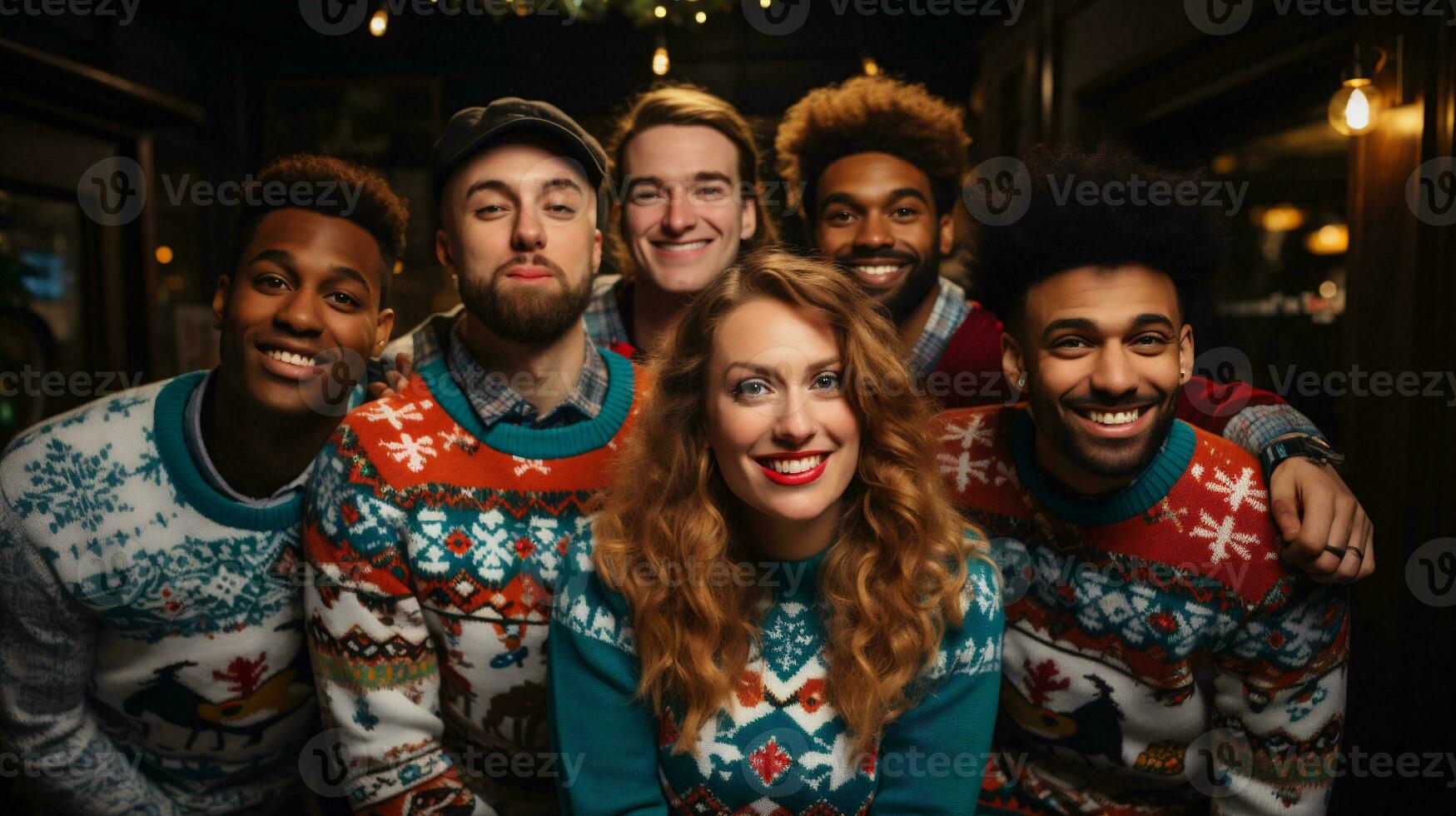 AI generative. Portrait of happy multicultural friends in warm sweaters and hats laughing and looking at camera photo