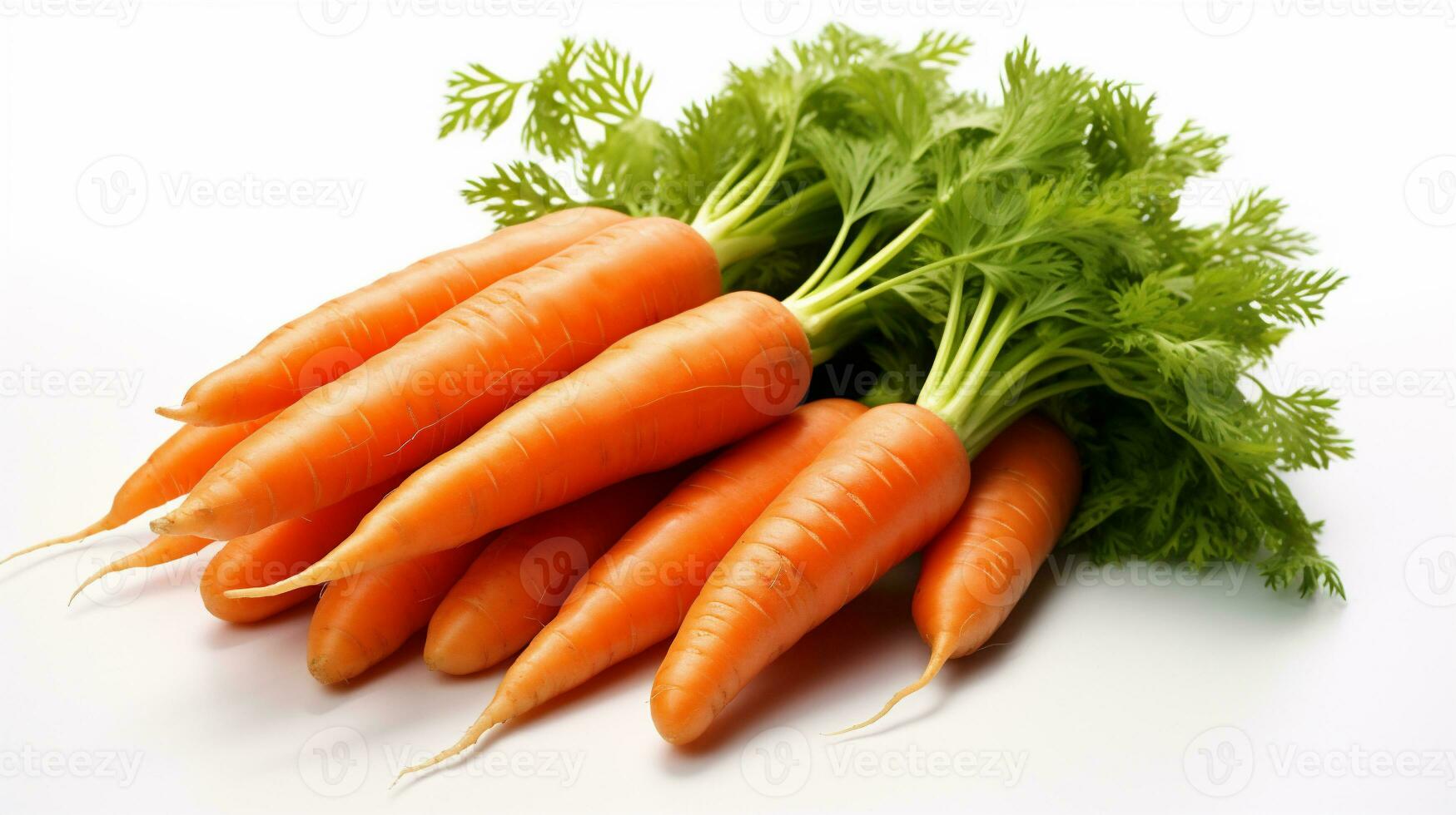 AI generative. Bunch of fresh carrots with green leaves isolated on white background. photo