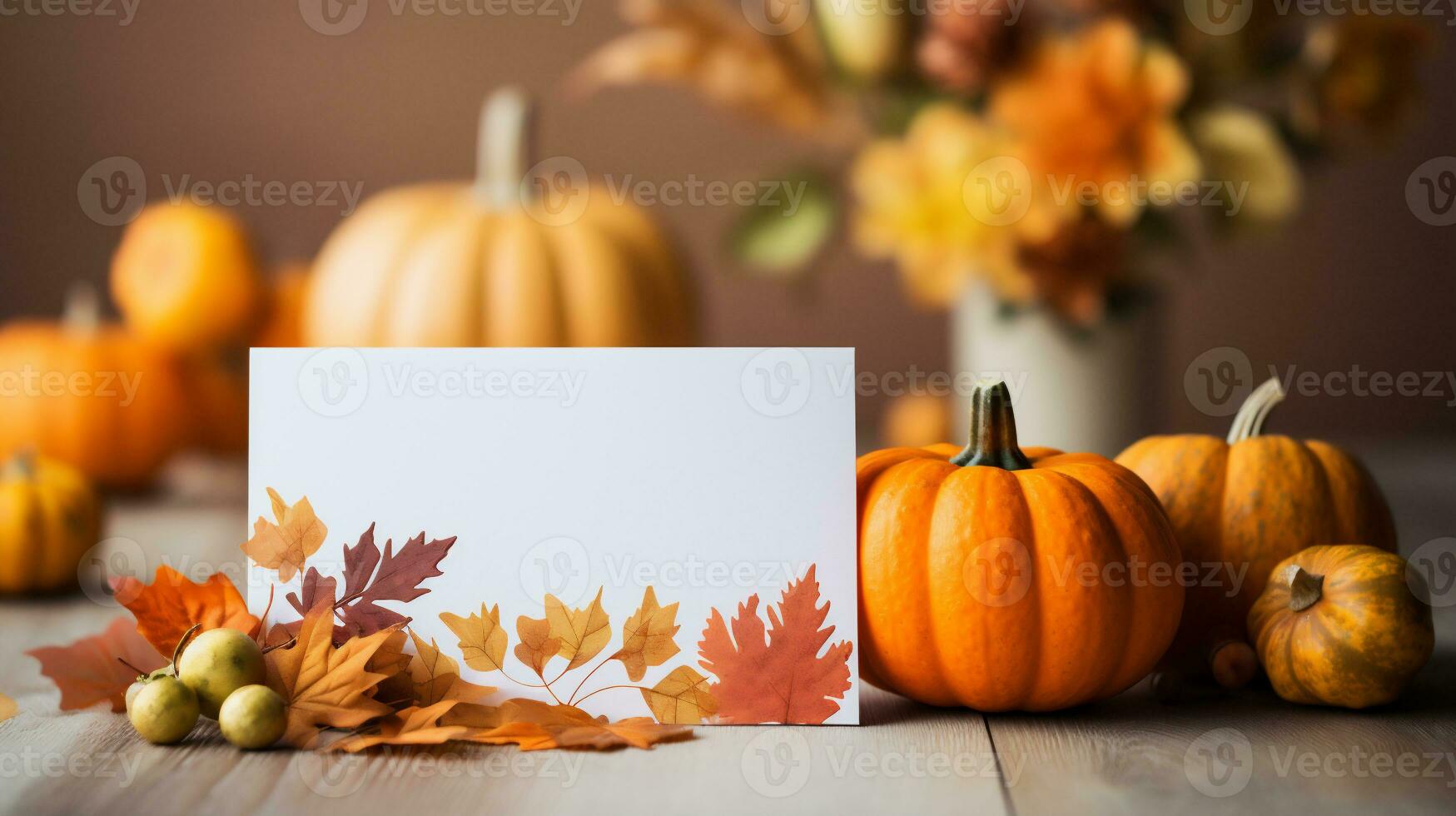 AI Generative. Autumn background with pumpkins, leaves and white sheet of paper photo