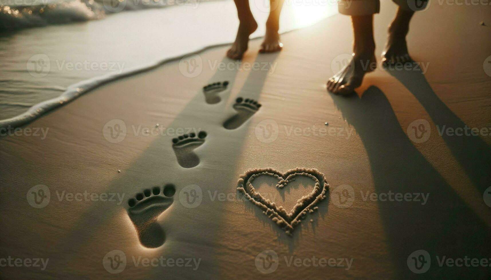 Two footprints side by side on a beach, a heart drawn in the sand. Generative AI photo