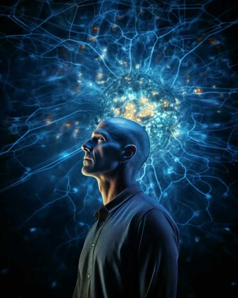 un conceptual visualización rodeando un reflexionando hombre. neural preguntarse. profundo conocimiento. un fondo de brillante cerebro neuronas y pensamiento ondas.. generativo ai foto