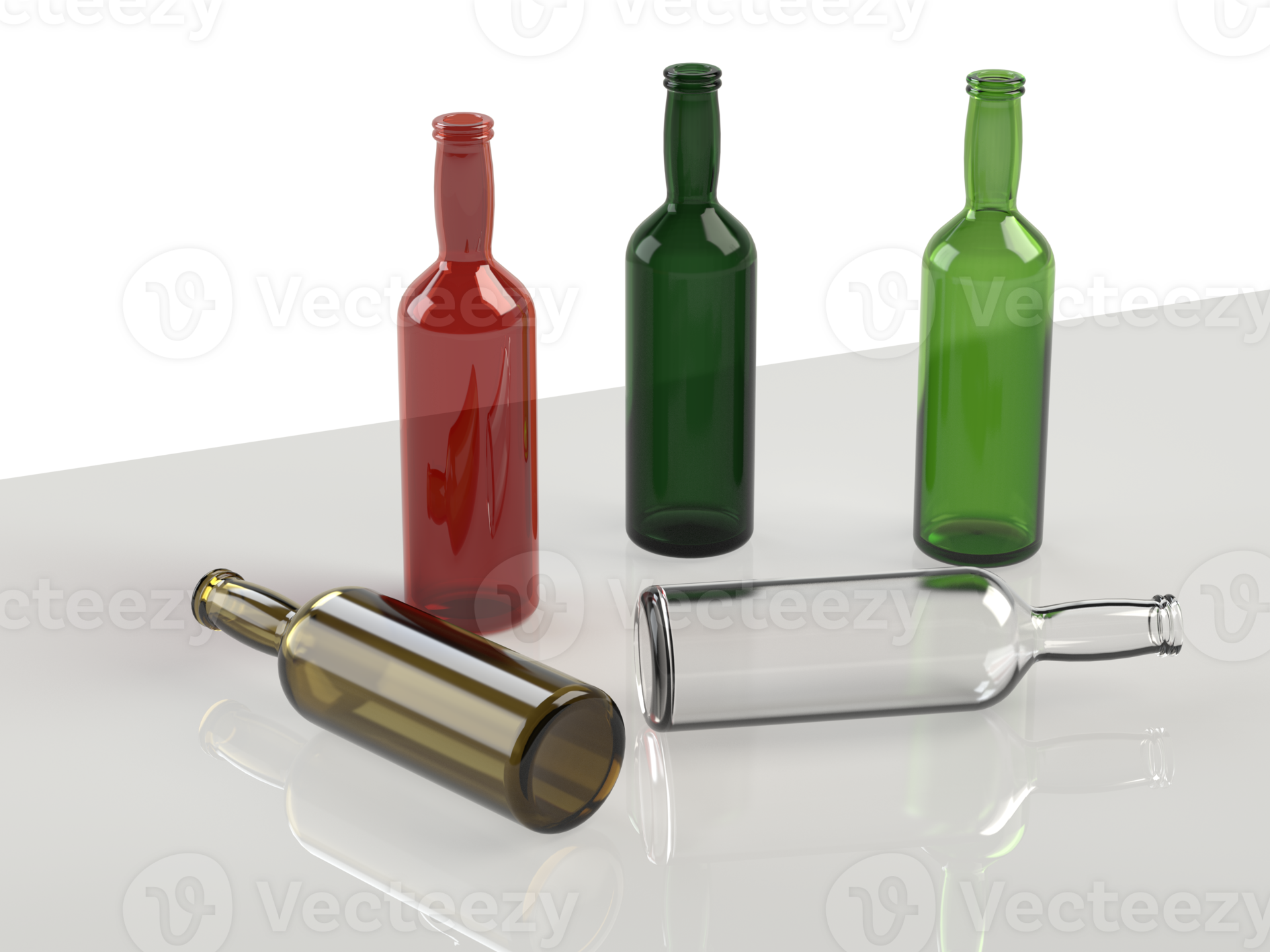 3D renderings of various colored empty glass bottles. 33135684 PNG