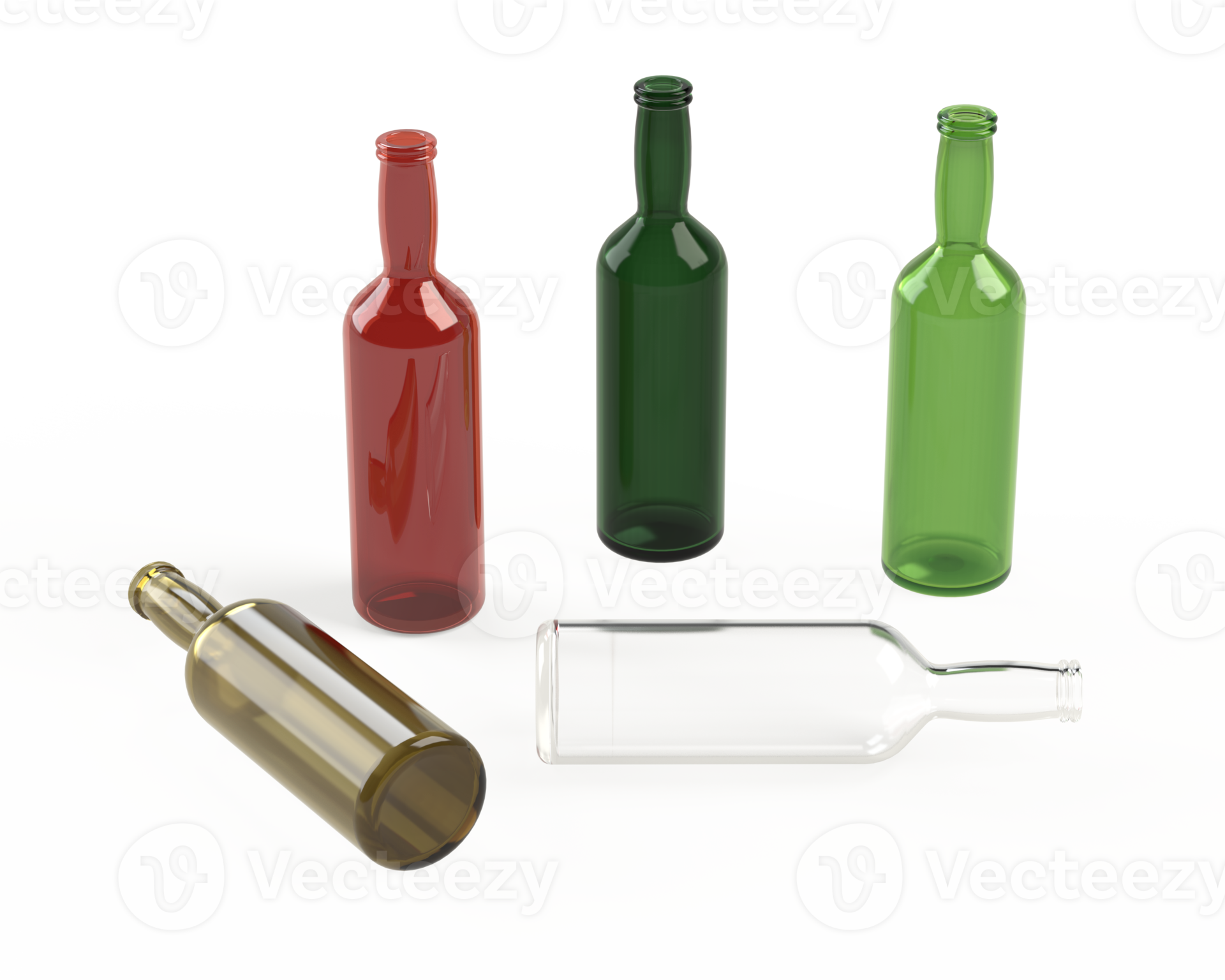 3D renderings of various colored empty glass bottles. 33135685 PNG