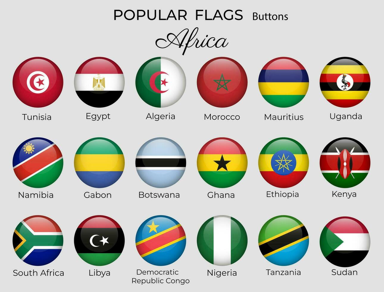 botones banderas de africano países. África bandera icono colocar. 3d redondo diseño. Nigeria Uganda Egipto Kenia vector aislado