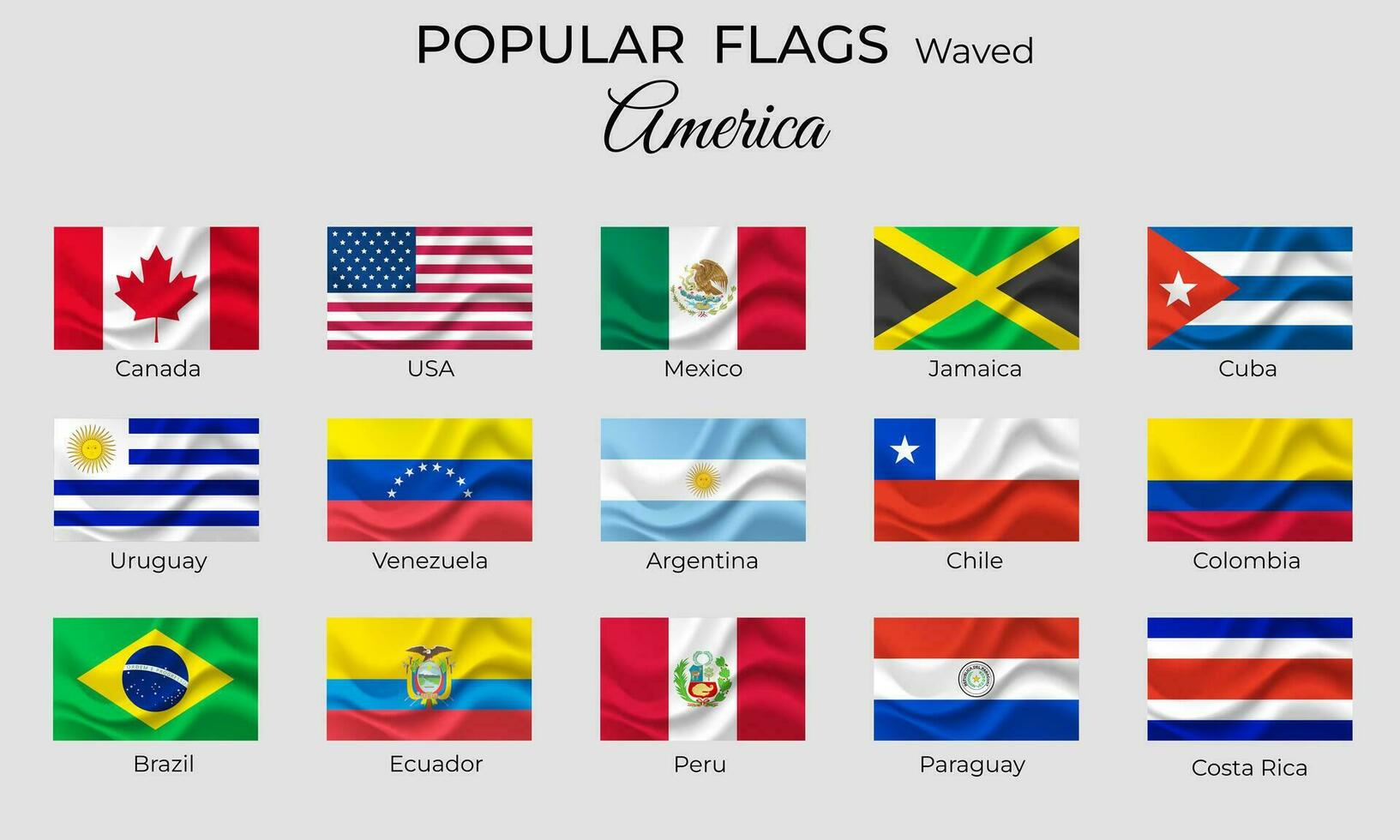 Waved flags of American countries. America flag icon set. 3d waved design. Official coloring. Vector flags isolated