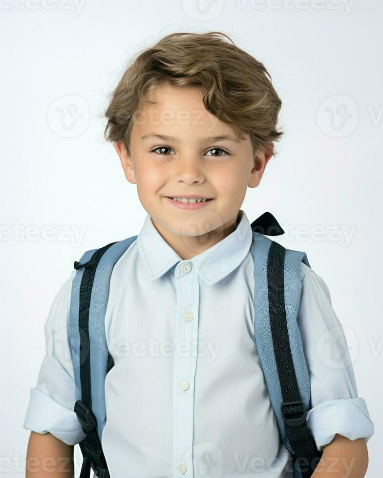 pequeño chico en colegio uniforme con mochila en frente de blanco antecedentes. generativo ai foto