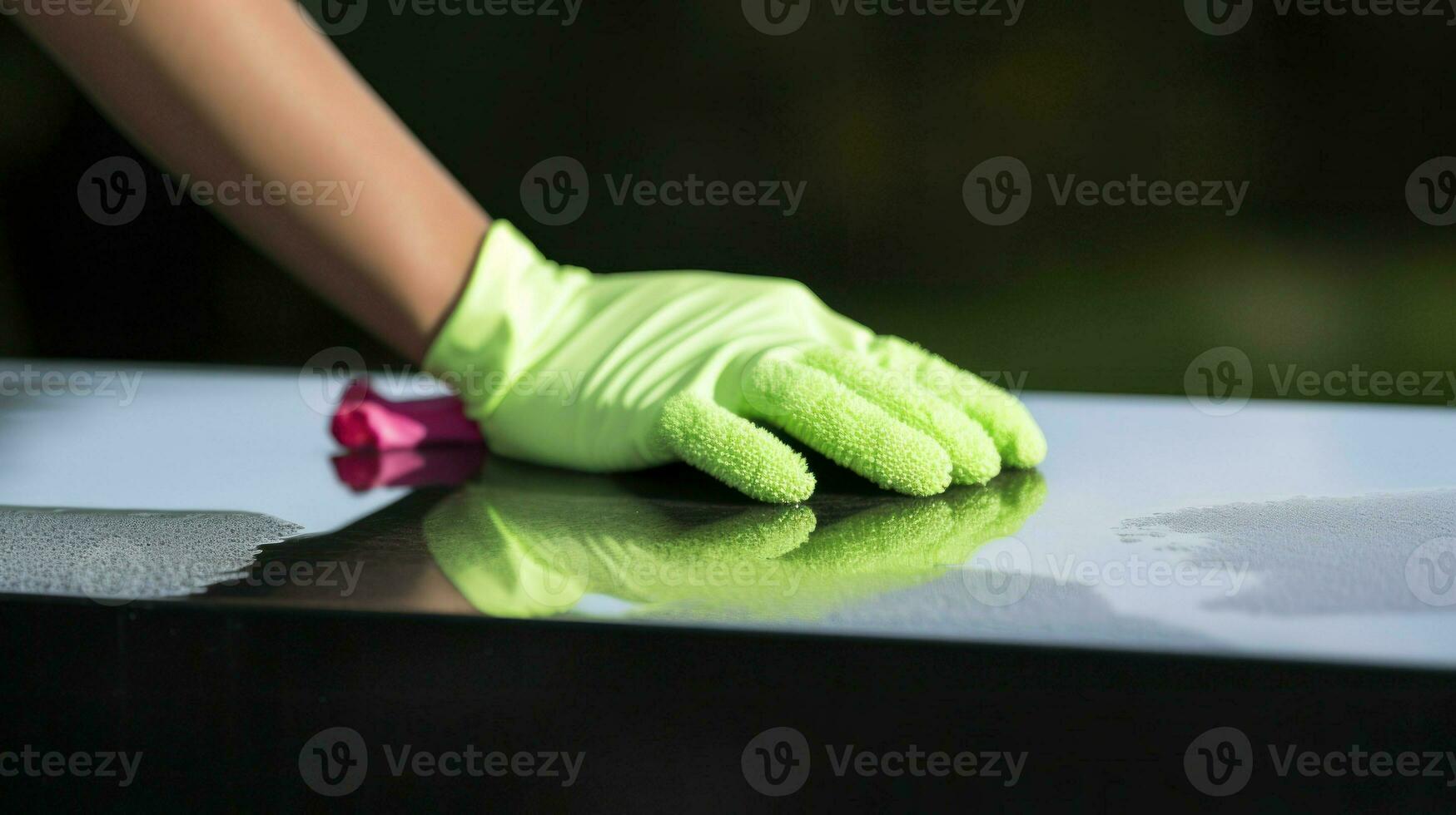 A hand wearing gloves doing house cleaning. Generative AI photo