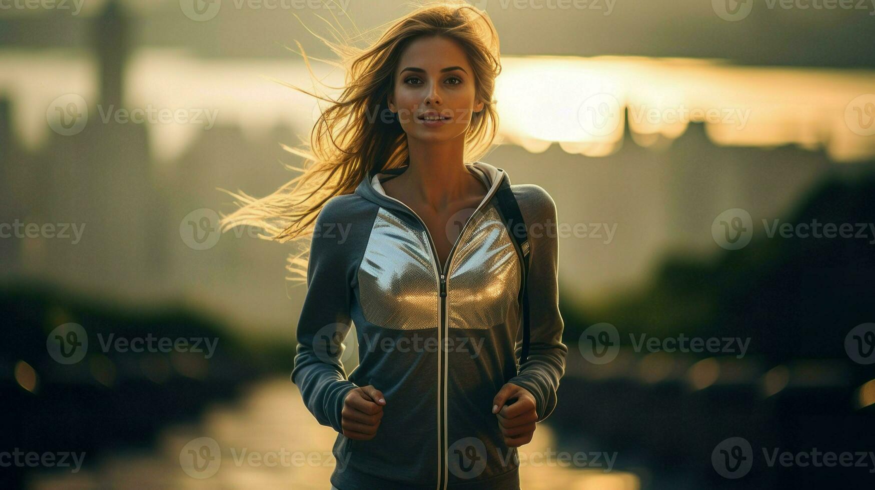 A fit woman jogging in athletic wear during golden hour.. Generative AI photo