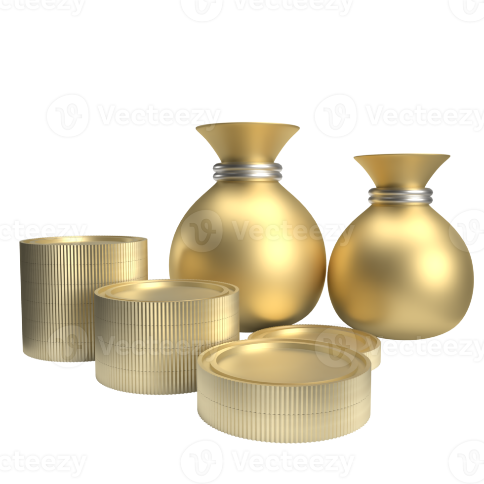 The Money Bag and coins 3d render png image