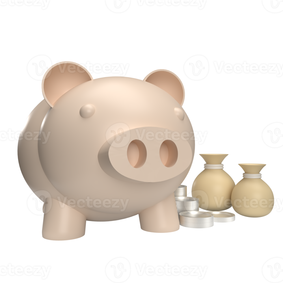 The Piggy Bank and Money Bag png 3d render