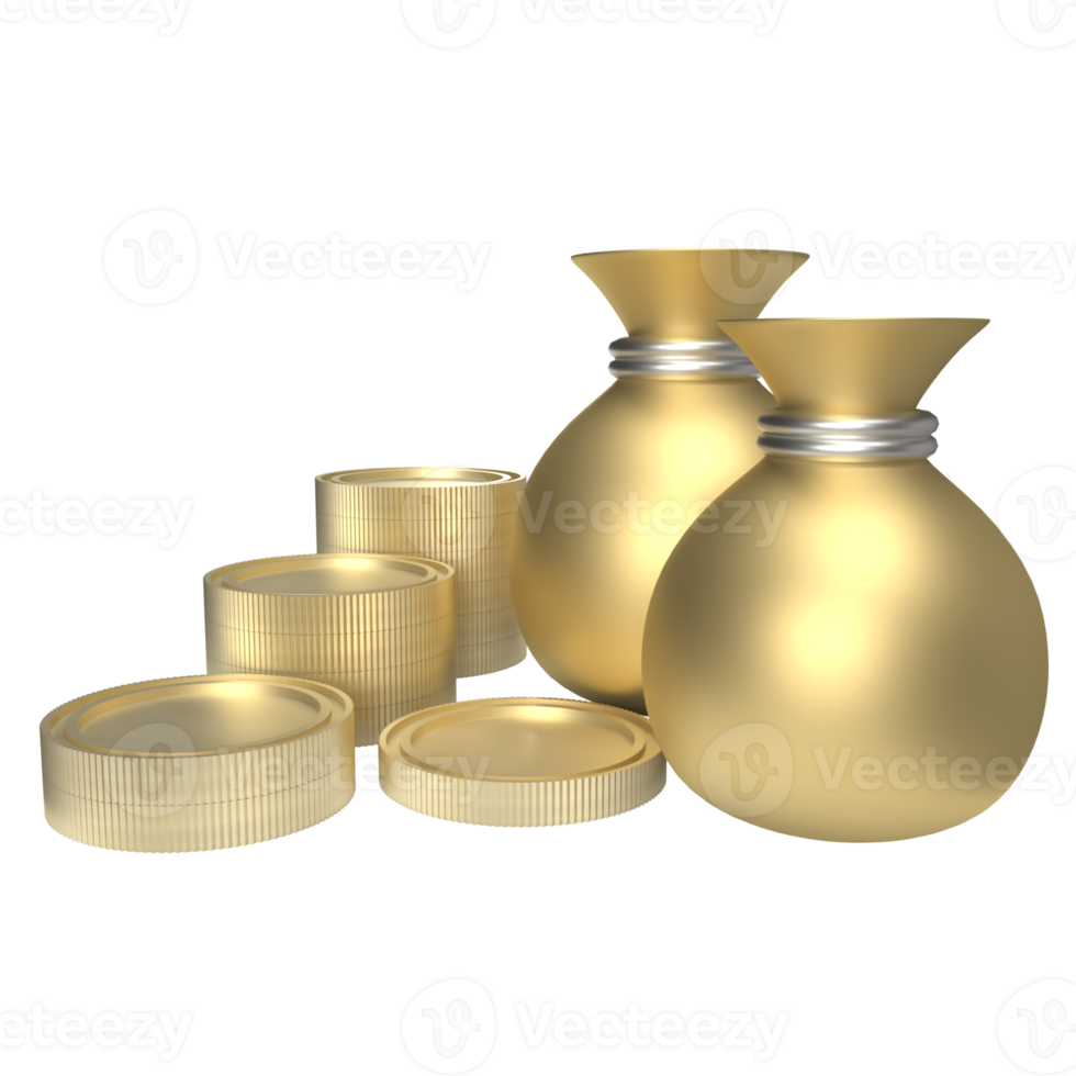 The Money Bag and coins 3d render png image
