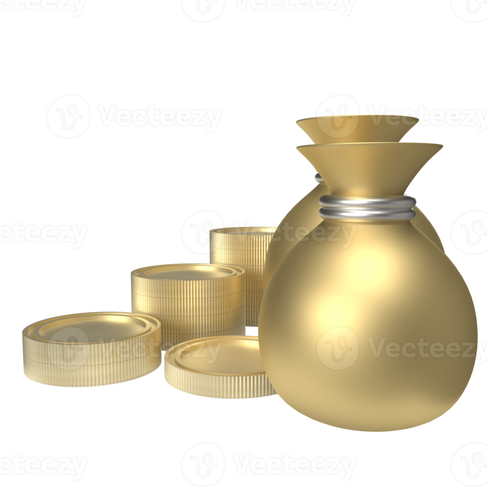 The Money Bag and coins 3d render png image
