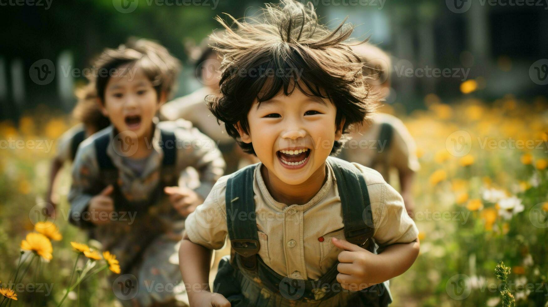 Group of asian children playing and running in an open field.. Generative AI photo